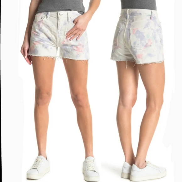 John Elliott Denim Shorts Tie Dye 5-Pocket Fray Hem White Purple Push Pop 29 NWT - Picture 2 of 14